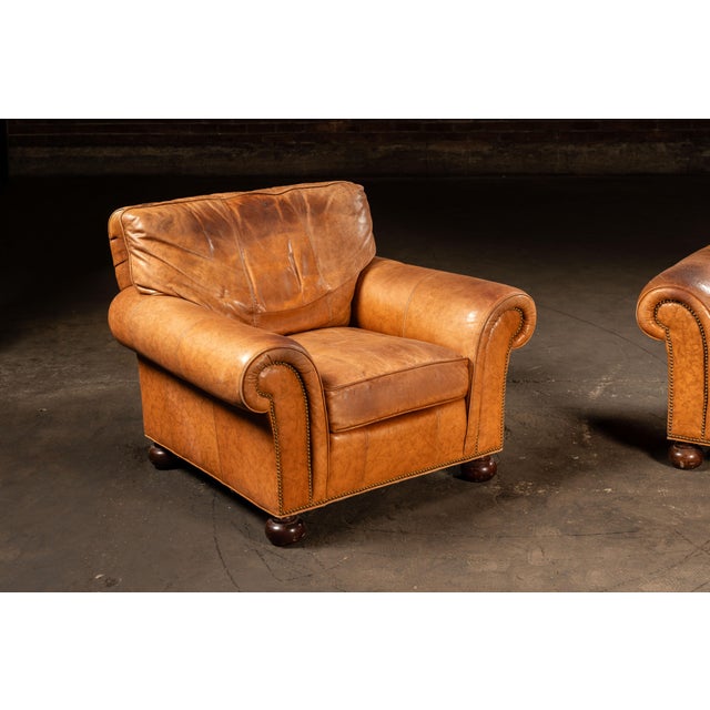 Wood Late 20th Century Pair of Rolled Arm Leather Club-Style Armchairs in Camel For Sale - Image 7 of 12