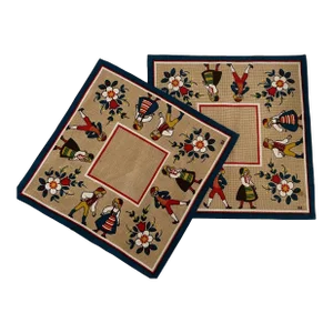 1960s Swiss Folk Art Dancers Jute Table Linens a Pair