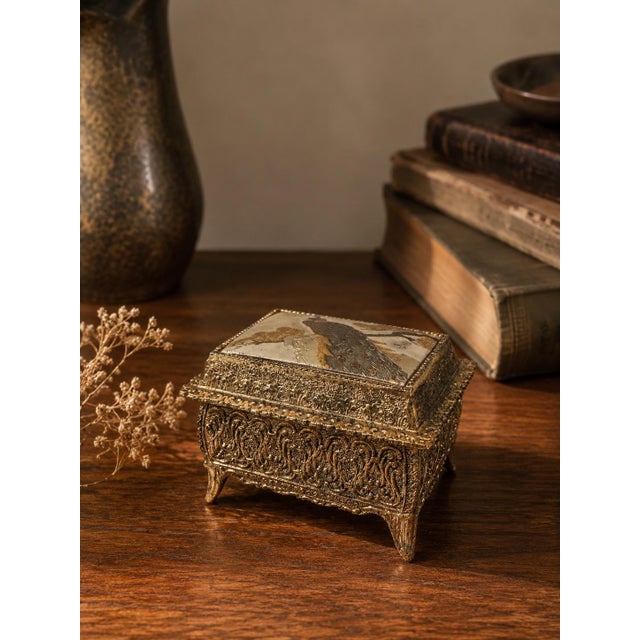 Japanese Vintage Japanese Chokin Jewelry Box, Peacock Trinket Box, Gilded Metal Keepsake Box, Made in Japan, Gold Tone Vanity Decor For Sale - Image 3 of 12