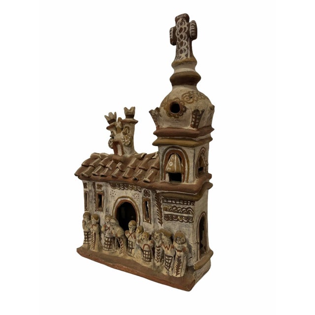 Mexican Vintage 1940s Mexican Clay Church Steeple Village With People Sculpture For Sale - Image 3 of 10