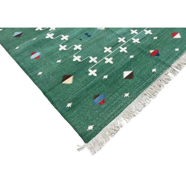 Casa Cosima Handmade Cotton Area Rug, Vegetable Dyed, Forest Green Shooting Star Dhurrie -5'x7' For Sale - Image 4 of 13