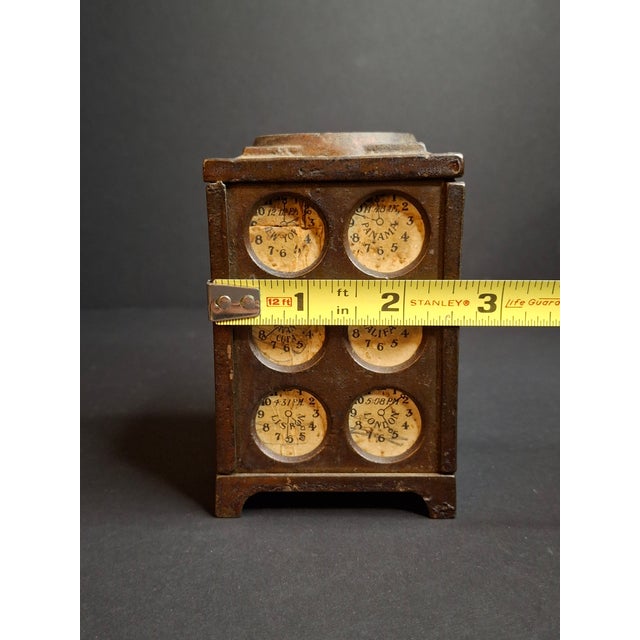 Antique Arcade Cast Iron World Times Clock Still Bank Original Paper Insert C. 1910 For Sale - Image 13 of 15