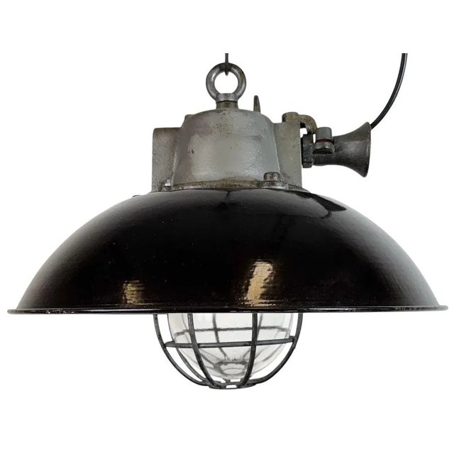 Industrial Black Enamel and Cast Iron Cage Pendant Light from Elektrosvit, 1960s For Sale - Image 18 of 18