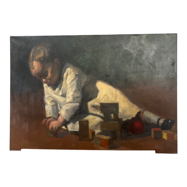 1980s Oil on Canvas Painting Reproduction “Baby at Play" (1876) by American Artist For Sale