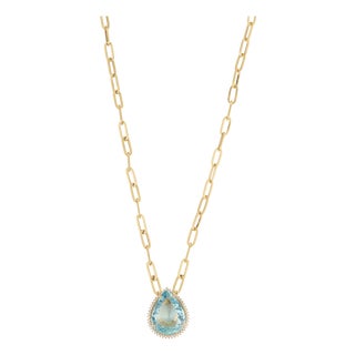 Certified 14.22Ct Aquamarine & Diamond Paperclip Pendant Necklace in 14k Gold For Sale