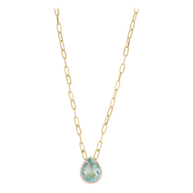 Certified 14.22Ct Aquamarine & Diamond Paperclip Pendant Necklace in 14k Gold For Sale
