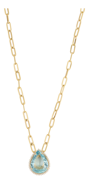 Certified 14.22Ct Aquamarine & Diamond Paperclip Pendant Necklace in 14k Gold