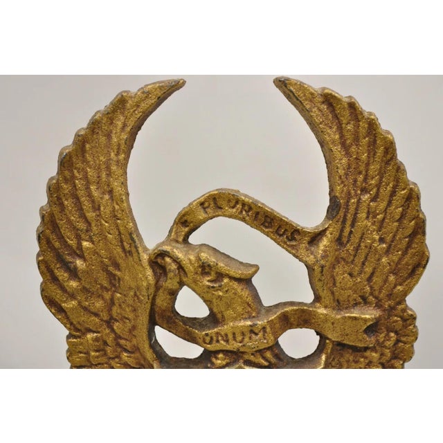 American Antique Patriotic Cast Iron Figural Gold American Flag & Eagle Painted Door Stop For Sale - Image 3 of 10