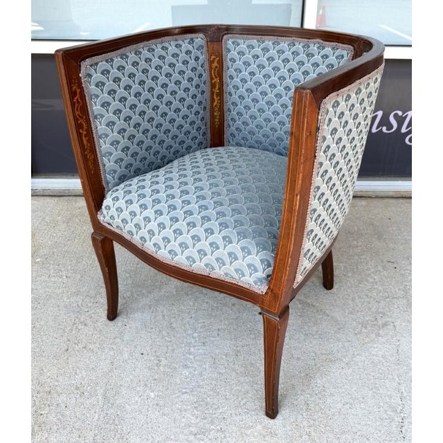 Art Deco Early 20th Century Inlaid Barrel Back Chair With Scalloped Blue Upholstery For Sale - Image 3 of 14