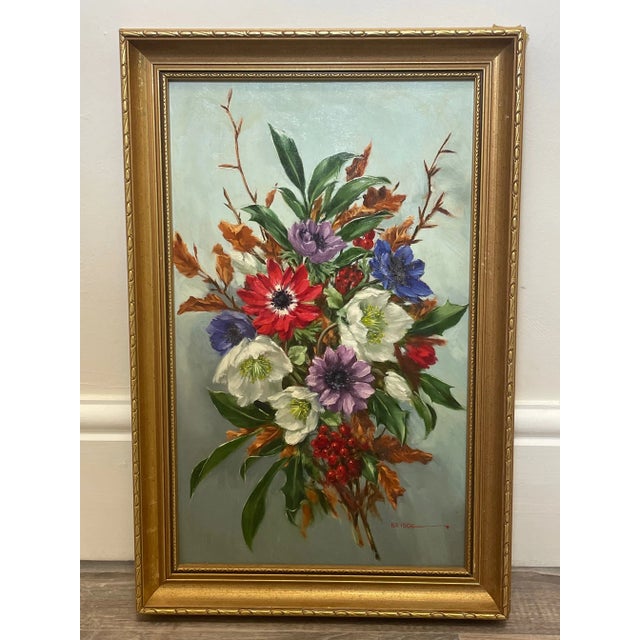 British Oil Painting Flowers & Red Berries by Elizabeth Bridge Ri Roi 1912-1996 For Sale - Image 13 of 13