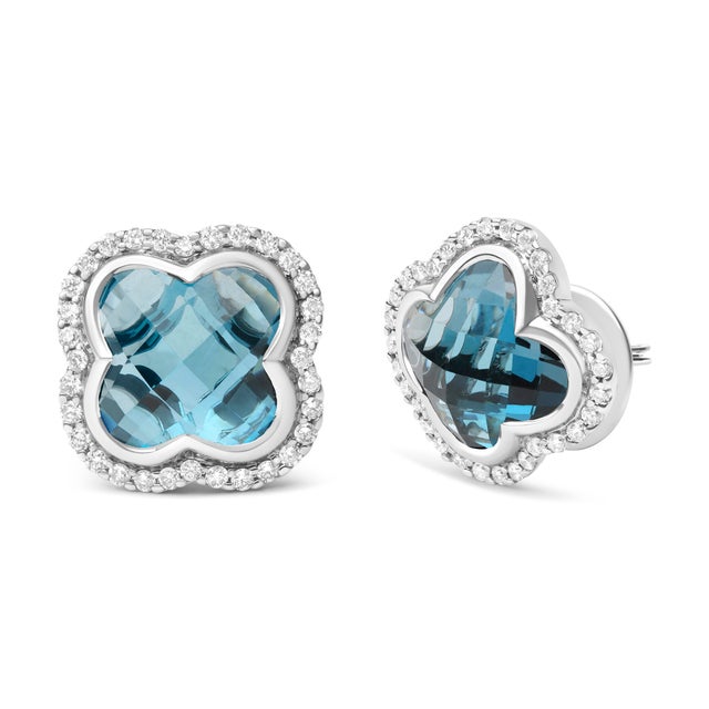 Contemporary 18K White Gold 3/8 Cttw Diamond and 11x11mm Clover-Cut London Blue Topaz Gemstone Halo Clover Stud Earrings (G-H Color, SI1-SI2 Clarity) For Sale - Image 3 of 5
