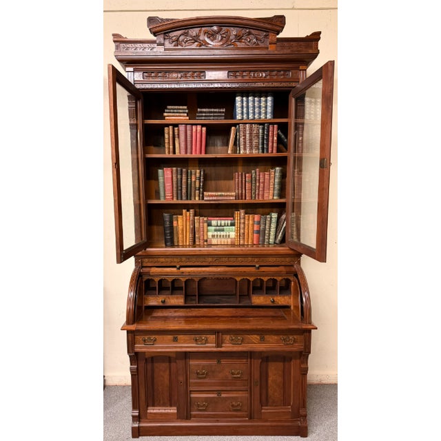 Victorian Late 19th Century Victorian American Eastlake Burl Walnut Cylinder Roll Top Desk With Pull-Out Writing Surface For Sale - Image 3 of 18