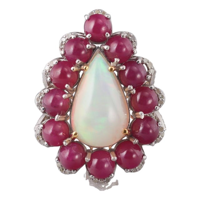 Ruby, Opal and Diamond Pear-Shaped Cocktail Ring, 14k Gold and Sterling Silver For Sale