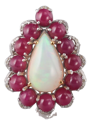 Ruby, Opal and Diamond Pear-Shaped Cocktail Ring, 14k Gold and Sterling Silver