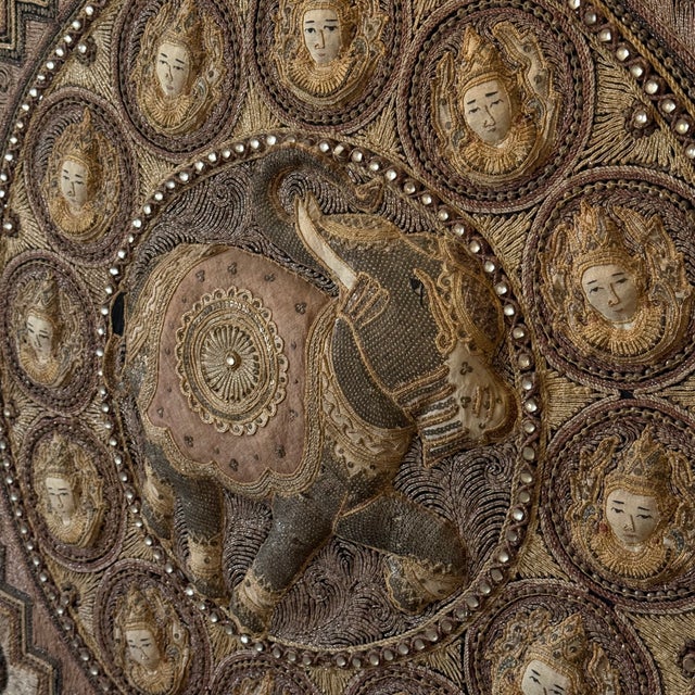 Wood Antique Burmese Sequined Elephant Textile Wall Hanging in Wood Frame For Sale - Image 7 of 8