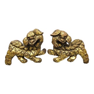 Vintage Chinoiserie Carved Wood Gold Gilt 12" Chinese Foo Dog Figures - A Pair For Sale