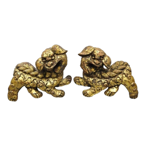 Vintage Chinoiserie Carved Wood Gold Gilt 12" Chinese Foo Dog Figures - A Pair