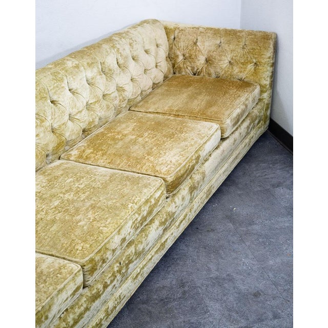 Mid Century Danish Modern Sofa Couch Green Velour 4 Seater Tufted Vintage MCM For Sale - Image 4 of 12