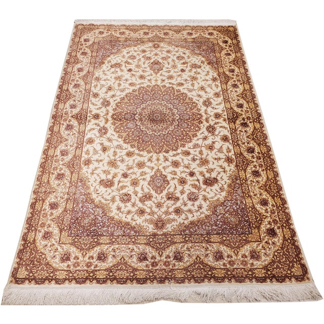 Late 20th Century Rare Finely Woven Persian Silk Qum, Handmade Oriental Rug, Soft Ivory For Sale - Image 10 of 18