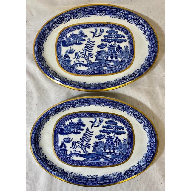 Antique Pair of Gold Rimmed Beech Hancock & Company Oval Blue Willow Side Dish/Vegetable Serving Dishes From England - Circa 1851 For Sale - Image 12 of 12