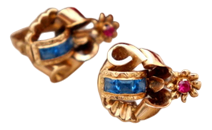 Gold Earrings with Reliefs and Colored Synthetic Stones Inlaid, Set of 2