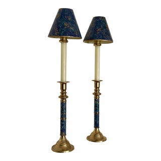 Italian Faux Marble Hand Painted Candlesticks With Removable Shades, a Pair, Blue, Purple, Gold For Sale
