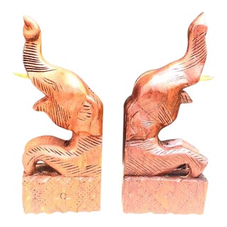1960s Carved Wood Elephant Bookends - a Pair For Sale