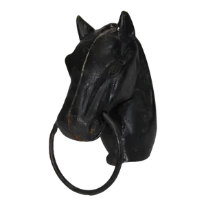Early 20th Century Black Horse Cast Iron Newel Post With Hitching Ring
