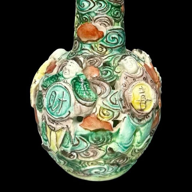 Ceramic Chinese Qing Dynasty Famille Rose Reticulated Porcelain Vase Eight Immortals Fencai Antique Bottle Vase For Sale - Image 7 of 9
