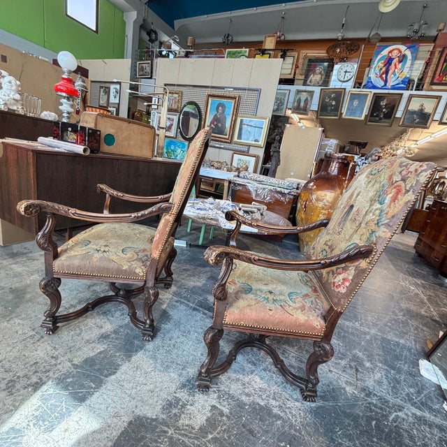 Wood Antique Walnut Armchairs Upholstered with Aubusson, France, 1700, Set of 2 For Sale - Image 7 of 18
