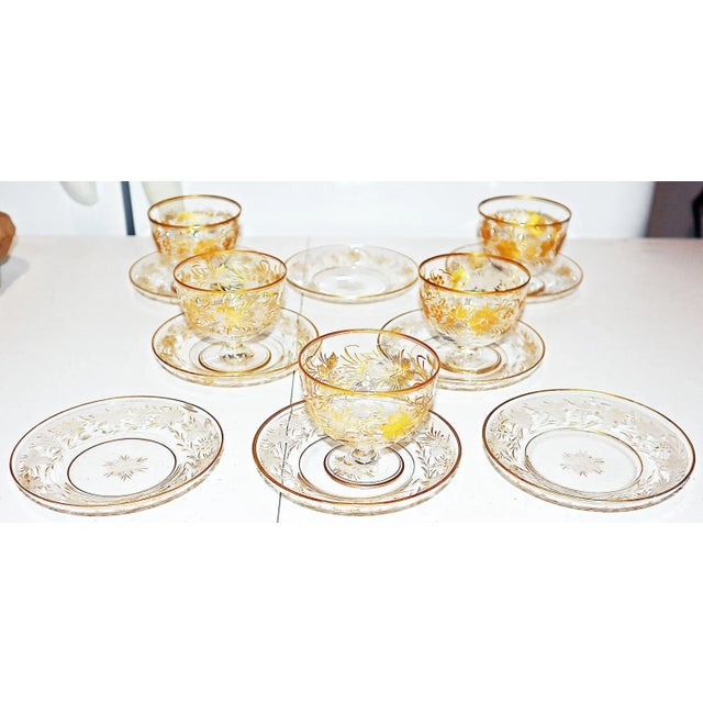Gold 1920s Gilt Etched French Crystal Sherbert Cups Saucers Set- 13 Pieces For Sale - Image 8 of 11