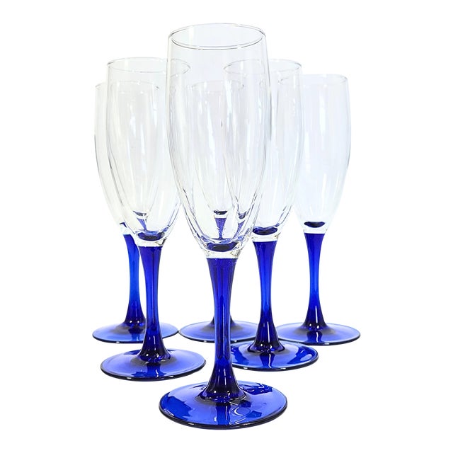 Cobalt Stemmed Champagne Flutes- Set of Six For Sale