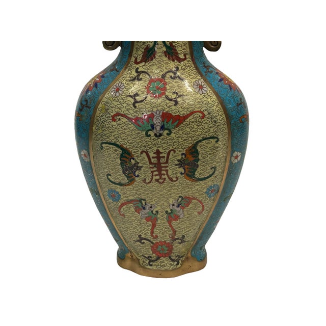 Vintage Cloisonné Vase Dragon Handles and Chinese Floral Motifs For Sale In San Francisco - Image 6 of 13
