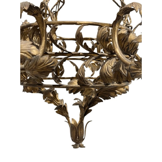 Vintage Italian Style Leaves Decor Metal 6 Arm Wired Chandelier For Sale - Image 4 of 6