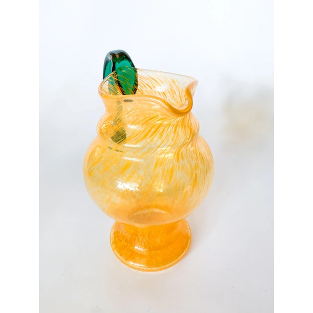 Mediterranean Vintage Blown Glass Urn Pitcher With Orange Swirl Glass and Green Applied Handle For Sale - Image 3 of 8