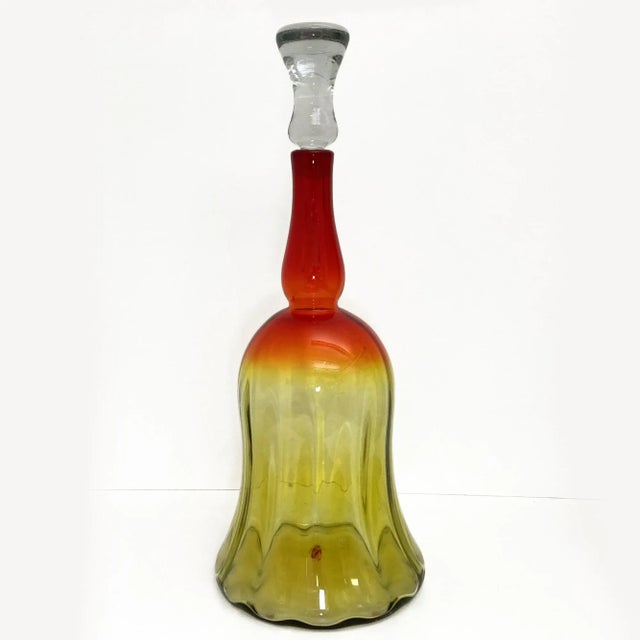 Vintage Blenko Amberina Art Glass Bell Shaped Decanter with Stopper, Joel Philip Myers, is in a retro design. The pontil...