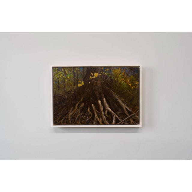 This oil painting on wood panel presents a close-up view of gnarled tree roots intertwined with the earthy textures of the...