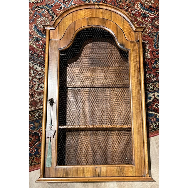 Early 20th-Century Italian Wood Cabinet With Mesh Wire Door, Lock, Key and Jade Butterfly Tassel For Sale - Image 4 of 12