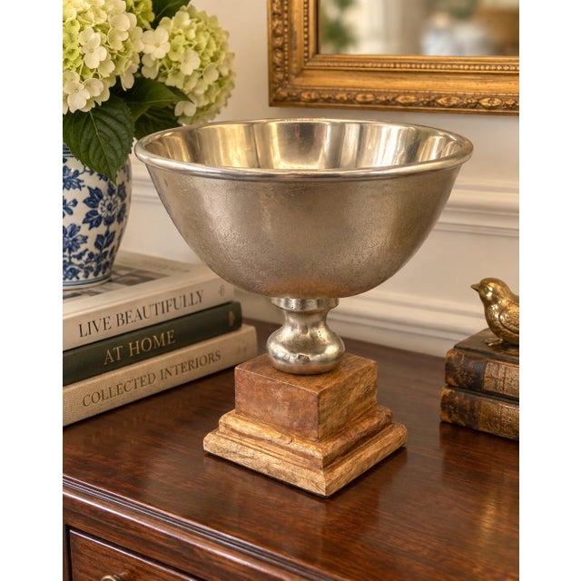 Silver-Tone Metal Pedestal Bowl on Carved Wood Base For Sale - Image 4 of 4
