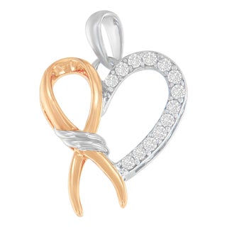 Two-Toned .925 Sterling Silver 1/5 cttw Round Cut Diamond Ribbon Heart Accent Pendant Necklace (H-I, I2-I3) For Sale