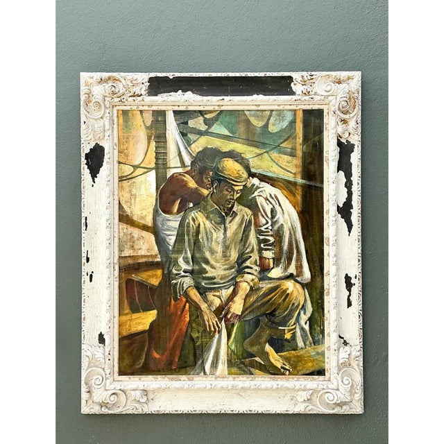 Chocolate Vintage Canvas Painting of Men at Work For Sale - Image 8 of 12
