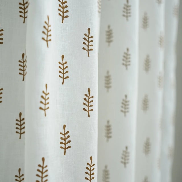 Semi-Sheer Colored Linen Curtain Light Filtering Window Panel With Block Print Design Size-54"x72"- Darpan For Sale - Image 4 of 5