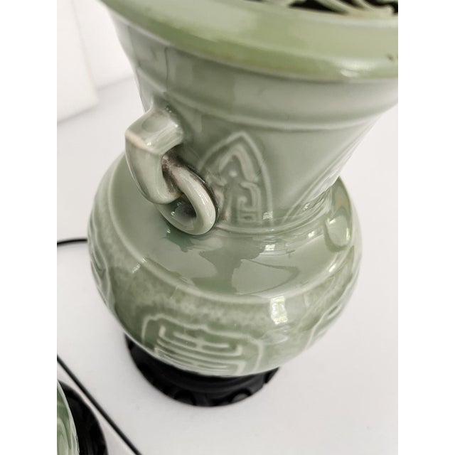 1940s 1940s Chinese Celadon Green Ceramic Table Lamps - A Pair For Sale - Image 5 of 12