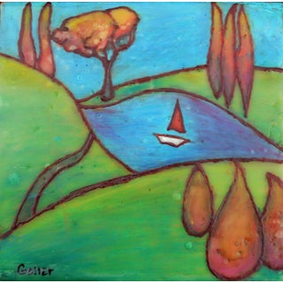 Idyllic 34 by Carrie Goller | Encaustic on wood panel Landscape with a tree, water, and a sailboat. For Sale