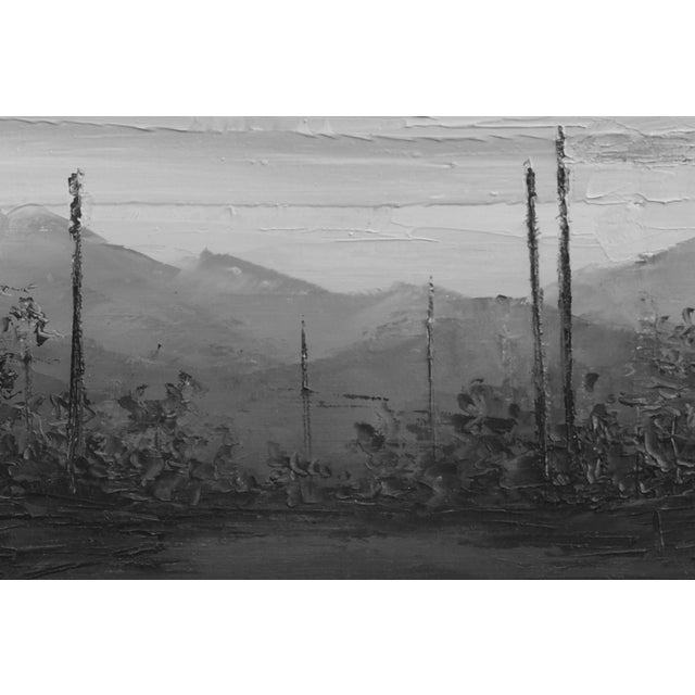 This oil on board painting captures a stark landscape rendered in grayscale, where tall, slender poles rise against a...