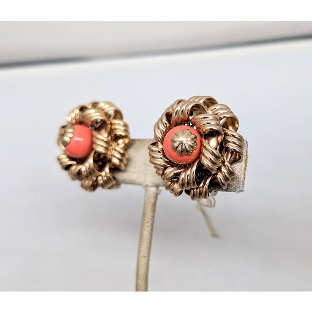 Mid-Century Modern Vintage 1960s Signed Napier Goldtone Faux-Coral Clip Earrings-2 Pieces For Sale - Image 3 of 7