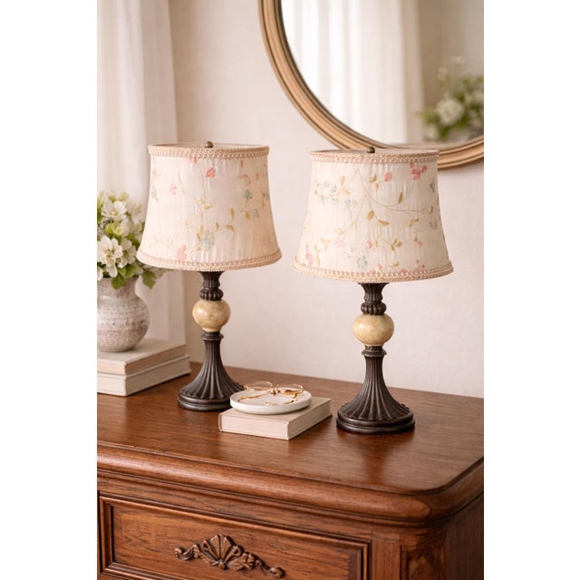 Pair of Petite Floral Embroidered Table Lamps by Collections Etc. For Sale - Image 4 of 6