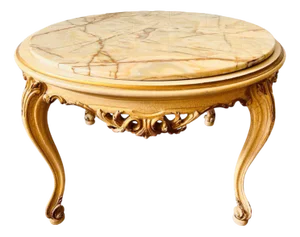 Vintage Baroque Marble-Top Coffee Table with Ornate Carved Wooden Base