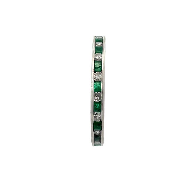 Mid 20th Century Platinum Emerald & Natural Diamond Antique Eternity Band, Size 7 For Sale - Image 5 of 8