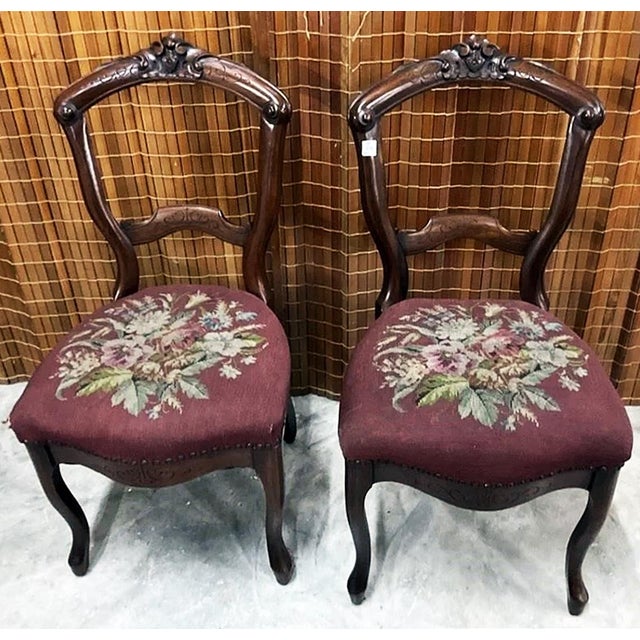 Wood Late 19th Century American Victorian Needlepoint Parlor Side Chairs- a Pair For Sale - Image 7 of 9